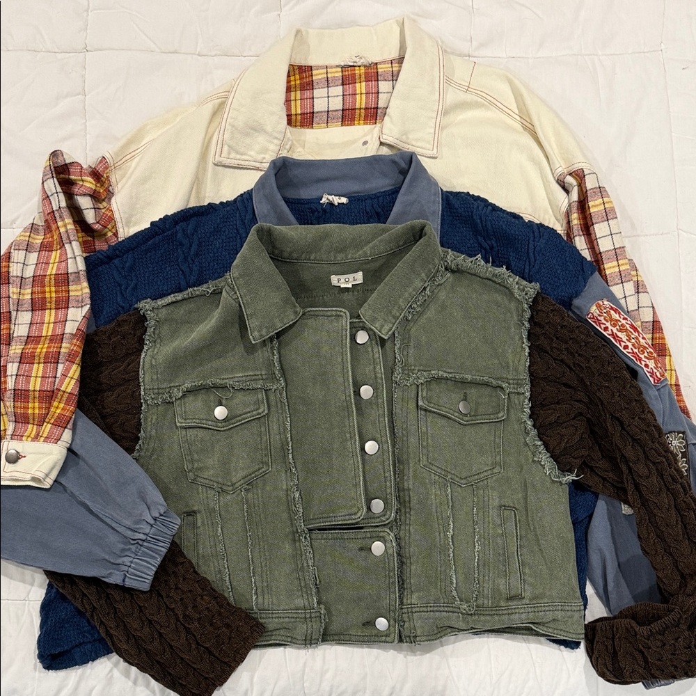 POL Green jacket with brown sweater, cream flannel jacket and blue sweater